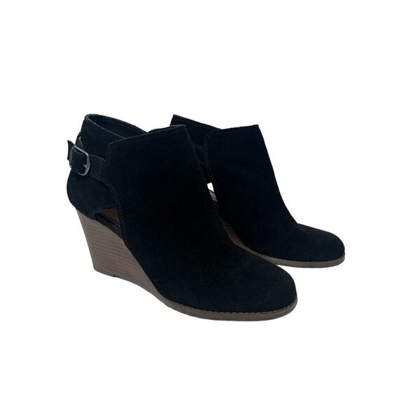 Lucky Brand Black Leather Wedge Ankle Boots With Buckle Strap Size 9 - Picture 1 of 13